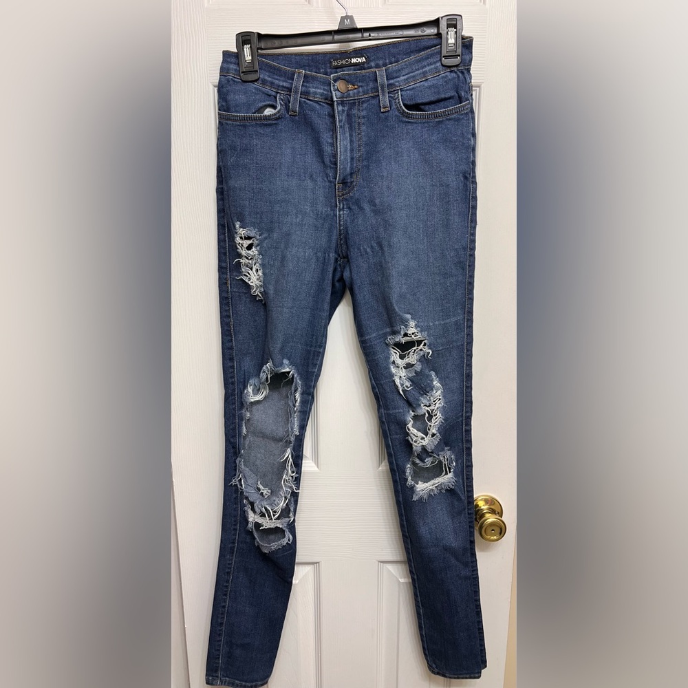 Fashion Nova Ripped Blue Skinny Jeans